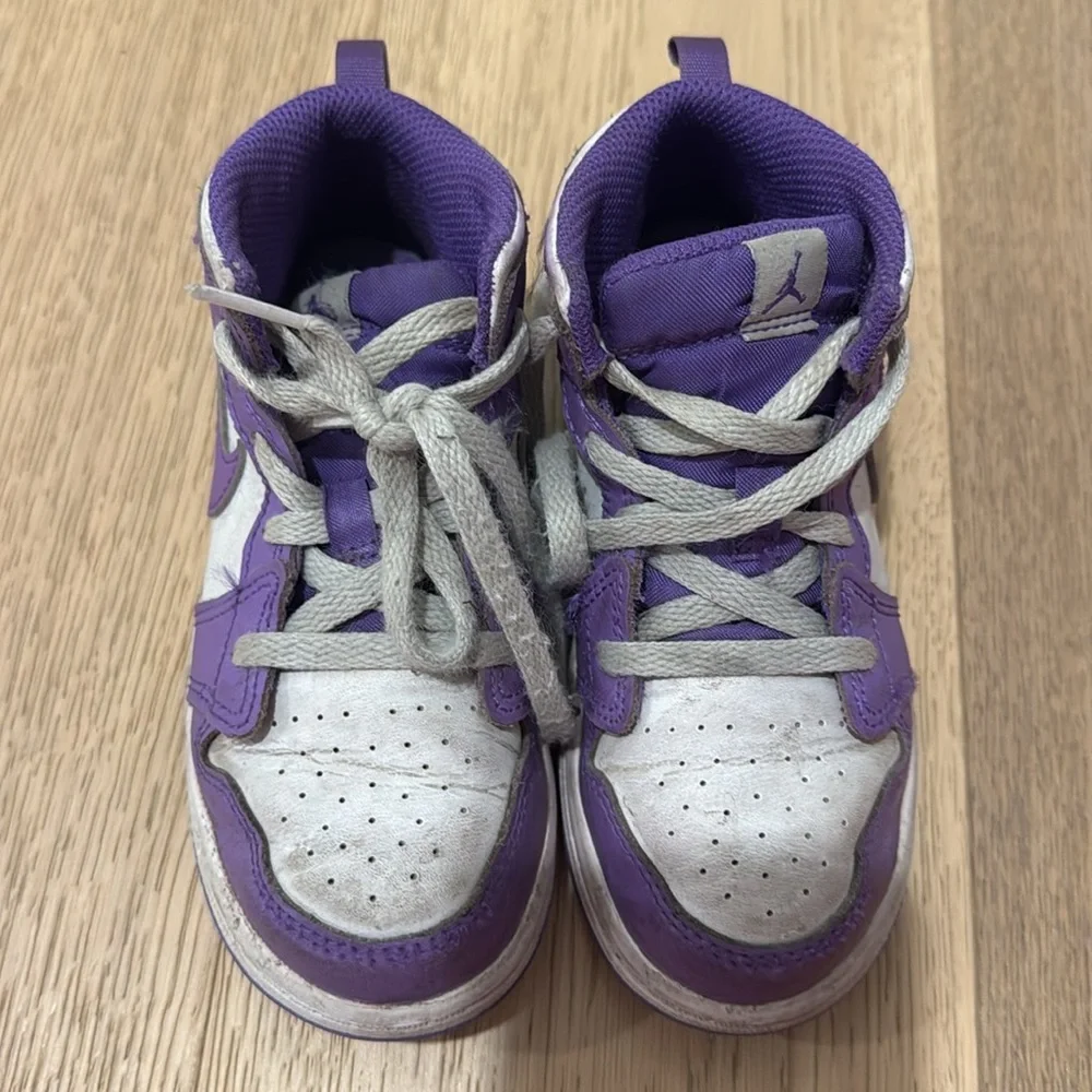 Purple and white high top air Jordan’s, size 10c, used but soles in great shape - Picture 2 of 4